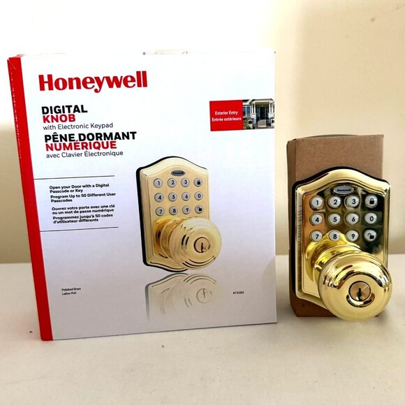 Honeywell Digital Knob With Electronic Keypad Polished Brass Touch Lock Key - Picture 1 of 14
